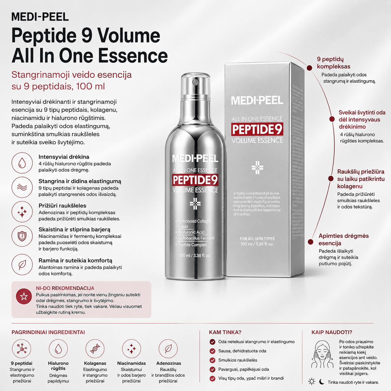 MEDI-PEEL Peptide 9 Volume Essence pagrindiniai ingredientai peptidai kolagenas ir hialurono rūgštis