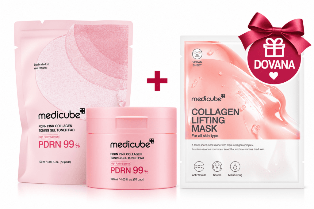 MEDICUBE PDRN Pink Collagen Toning Gel Toner Pad 70 padelių ir Collagen Lifting Mask dovanų