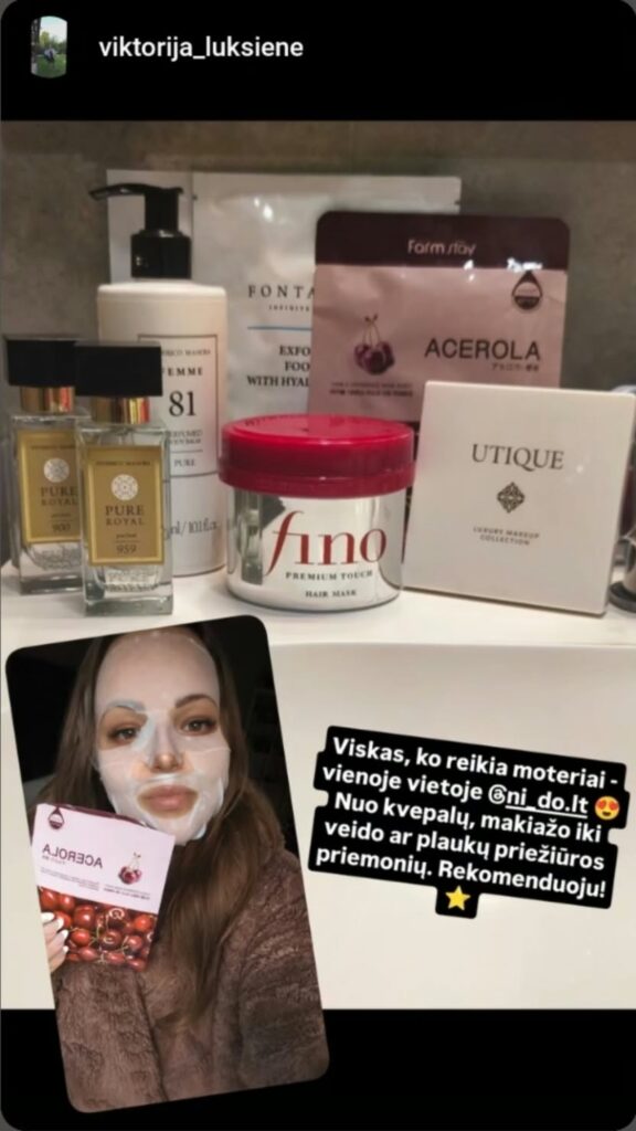 NI-DO klientės pirkiniai: kvepalai, plaukų kaukė, makiažo ir veido priežiūros priemonės
