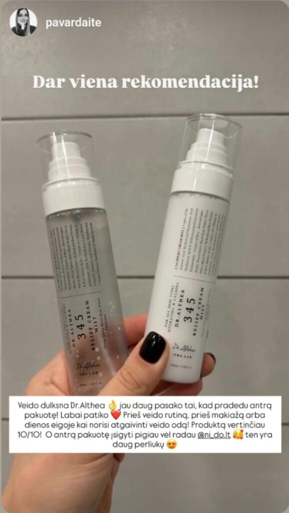 NI-DO klientės atsiliepimas apie Dr.Althea 345 Relief Cream Mist veido dulksną